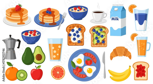 Breakfast Foods Vector Collection Pancakes, Fruit, Eggs, and More