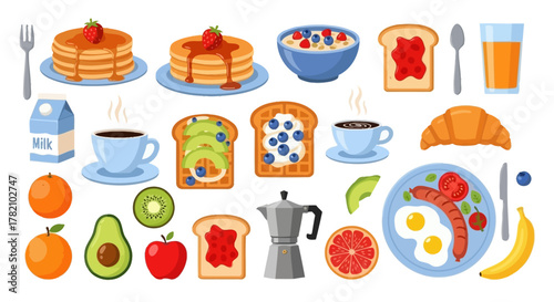 Delicious Assortment of Breakfast Foods Pancakes, Toast, Eggs, and Fruit