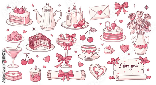 Romantic Sweet Treats and Love Symbols Charming Valentine's Day Vector Illustration