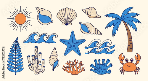Ocean Vibes Set of Vector Illustrations Featuring Sea Creatures, Palm Trees, and Sunshine