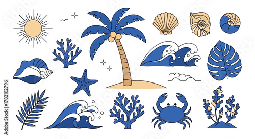 Tropical Beach with Shells, Palm Tree and Sea Life Illustration