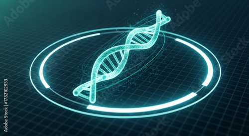 A glowing dna double helix inside a circular frame with a grid background, representing advanced technology and scientific research