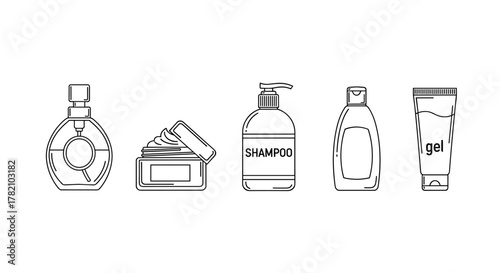 A collection of five minimalist line art icons representing various cosmetic and personal care products, including a perfume bottle, a jar of cream, a shampoo dispenser, a lotion bottle, and a tube