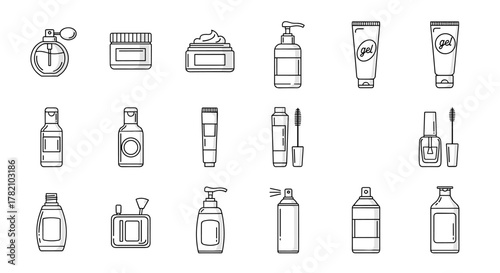 Vector line icon collection of cosmetic bottles and containers, including perfume atomizer, cream jar, shampoo dispenser, gel tubes, mascara, nail polish, and spray cans, perfect for graphic design