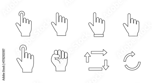 Collection of eight line art icons representing various hand gestures and cursor actions, including pointing fingers, a fist, and directional arrows, presented on a clean white background for