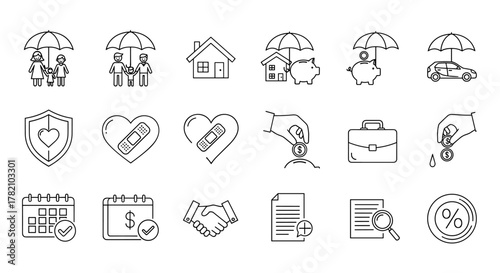 Set of insurance-related line icons, including people and family under an umbrella, a shield with a heart, a heart with a bandage, a house, a piggy bank, a car, a briefcase, coins being dropped, a