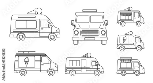 Minimalistic outline icons of ice cream vans, presented in a vector cartoon illustration style, perfect for web design, graphic design, app development, banners, social networks, and card creation