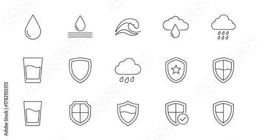 Set of minimalistic line icons representing water, weather, and protection. Includes water drops, waves, clouds with rain, glasses of water, and various shield symbols, some with stars or checkmarks