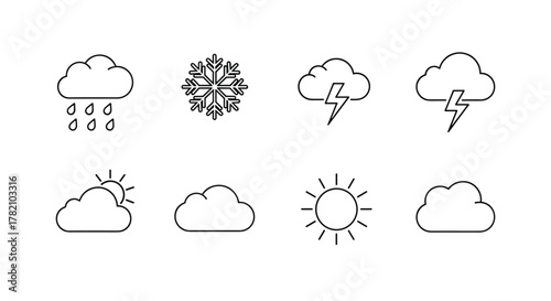 Collection of minimalistic linear weather forecast outline icons, including rain, snow, thunderstorm, sun, and clouds, presented in a clean, modern, and web-friendly line art style, perfect for