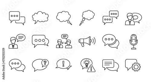Collection of line icons representing speech bubbles, talking, conversation, and dialogues, perfect for web, books, cards, and apps. Includes icons for communication, ideas, questions, announcements