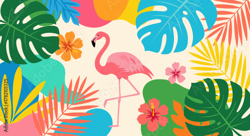 Vibrant abstract tropical plant background vector featuring colorful boho foliage, botanical tropical leaves, and a floral pattern with a pink flamingo, perfect for summer sale illustrations and