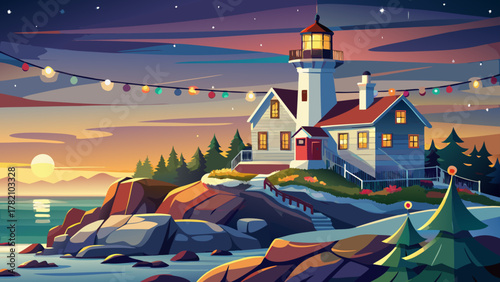 Very beautiful view of Nubble Light in York, Maine, decorated for the Christmas season with festive string lights outlining the lighthouse, set against a serene coastal backdrop with warm evening glow