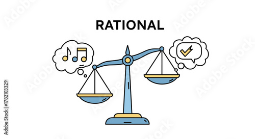 Critical thinking concept, represented by a balance scale weighing music notes against a checkmark in a thought bubble, symbolizing the contrast between emotion and rational decision-making