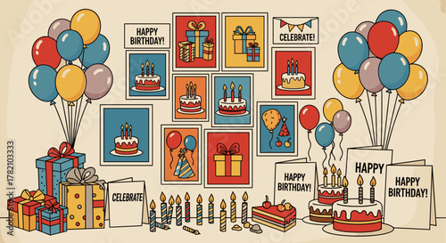 Retro cartoon-style birthday celebration illustration featuring a vibrant wall display of balloons, gift boxes, festive greeting cards, birthday cakes with candles, party hats, and cherries, evoking
