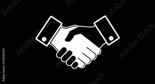 A symbolic handshake in black and white, representing agreement, partnership, and collaboration on a stark background