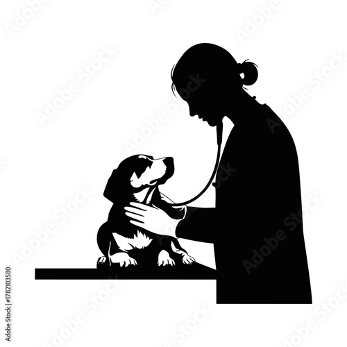 silhouette vector of a female veterinarian examining a pet dog