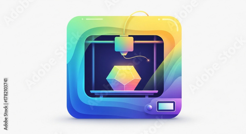 Colorful 3d printer icon with a geometric object, representing innovation, technology, and the future of manufacturing