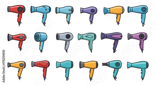 Collection of colorful cartoon hair dryers arranged in a grid on a white background, perfect for web, books, cards, and apps, offering a vibrant and diverse set of icons for styling and beauty themes.