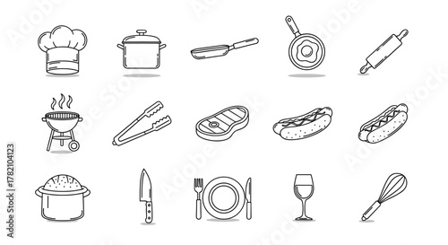 A comprehensive collection of line art icons representing kitchen essentials, food items, and barbecue equipment, perfect for graphic and web design, app development, advertising materials, and