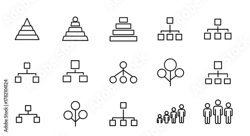 Collection of simple, isolated line icons representing hierarchy and organizational structures, including pyramids, flowcharts, and family trees, suitable for web, apps, and print media, with