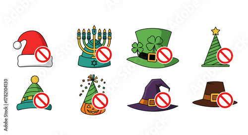 Collection of stylized, flat vector icons representing various holiday hats, each with a prominent red prohibition symbol overlay, indicating restrictions or unavailability for events like Christmas