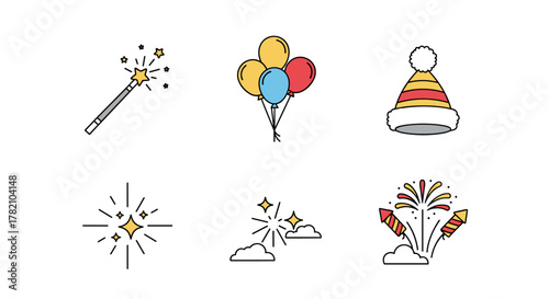 A vibrant and festive line icon set celebrating joy and wonder, featuring a magical wand with sparkling stars, a bunch of colorful balloons, a striped holiday hat with a pompom, a radiant starburst