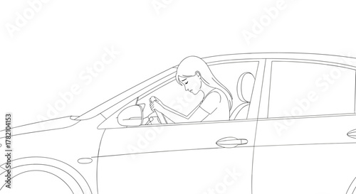 Outline illustration of a sad young woman driving a car with an incorrect posture, her head bowed and hands gripping the steering wheel, emphasizing a bad pose for the spine and potential discomfort