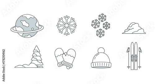 A collection of minimalistic vector icons representing winter and space themes, including a planet with rings, snowflakes, a snow-covered pine tree, mittens, a beanie hat, skis with poles, and a