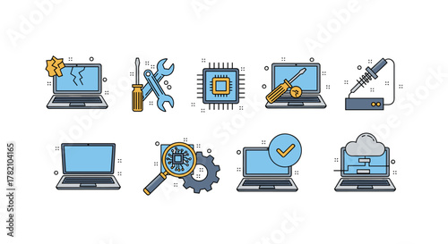 Set of 9 flat outline icons representing laptop repair and technology services, including a broken laptop, tools, CPU, soldering iron, magnifying glass, gear, checkmark, and cloud computing, perfect