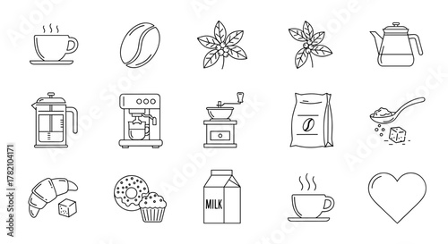 A collection of minimalist line icons representing various coffee-related elements, including a steaming cup, coffee bean, coffee plant, kettle, French press, espresso machine, grinder, coffee bag