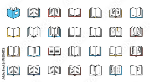 A vibrant collection of minimalistic linear pictograms representing opened books in various filled color styles, perfect for web and graphic design, apps, banners, social networks, and cards. This