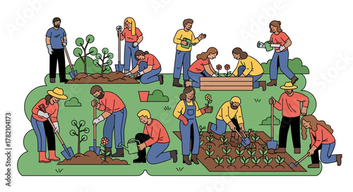 People Gardening Illustrated scene of diverse individuals cultivating plants, vibrant colors