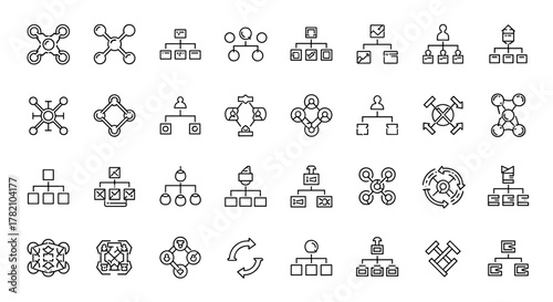 Mind Map or Hierarchy Collection of Thin Icons: A versatile set of editable stroke vector icons suitable for web, books, cards, and apps, featuring a clean cartoon illustration style on a white
