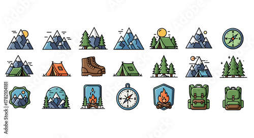 Vibrant collection of outdoor adventure icons, featuring stylized mountains, camping tents, hiking boots, campfires, compasses, and backpacks, perfect for travel and nature-themed designs on a clean