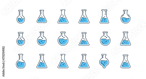 A collection of 18 minimalist, linear pictograms featuring light blue liquid-filled laboratory flasks, including round-bottom, Erlenmeyer, and volumetric designs, perfect for web, graphic design
