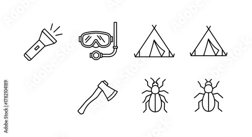 Collection of camping and outdoor adventure line icons, featuring a flashlight, diving mask, tent, and axe, with editable stroke for versatile design applications on websites, apps, and cards