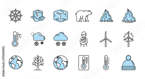 Collection of Global Cooling and Winter Climate Icons: Snowflake, Melting Ice Cube, Polar Bear, Icebergs, Thermometer, Snowfall, Freezing Person, Wind Turbine, Earth Globe, Bare Tree, and Winter Hat
