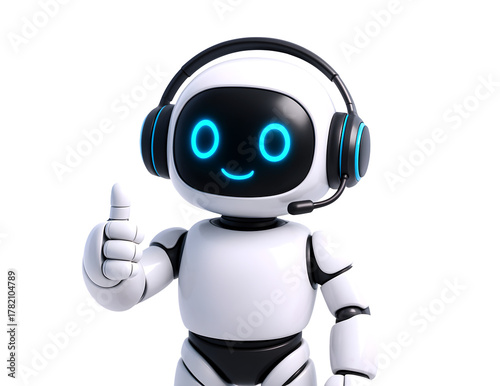 Smiling 3D AI Robot with Headset Giving Thumbs Up – Positive Customer Support Service Icon, Artificial Intelligence Symbol isolated on transparent background. 3d rendering PNG file, cut out