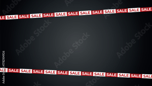 Sale themed background with red SALE tape forming top and bottom borders on dark gradient surface. For promotion announcements, discount advertising, retail marketing banners, special shopping offers