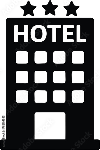 Hotel building icon a simple black and white illustration of a hotel with three stars on top, representing accommodation and hospitality services