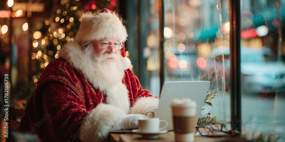 Fototapeta premium Santa Claus working on a laptop in a cozy cafe. Urban winter backdrop, soft bokeh, coffee cup nearby, festive business concept.