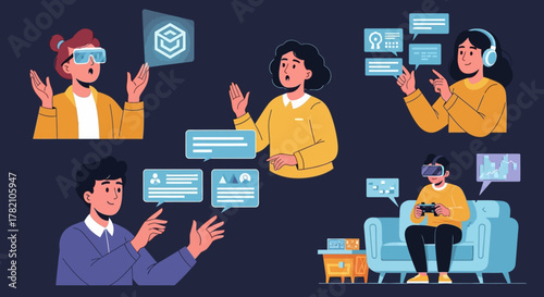 Diverse individuals engaging with virtual reality and augmented reality interfaces, experiencing digital communication and virtual worlds