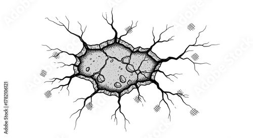 Hand-drawn sketch of a cracked wall with a hole, revealing broken concrete texture and radiating fissures, symbolizing damage, decay, or a breakthrough, isolated on a white background, perfect for