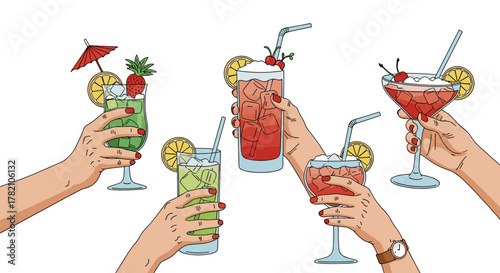 A vibrant collection of hands holding various refreshing beverages in elegant glasses, featuring colorful cocktails, iced drinks, and garnished glasses, perfect for summer parties, celebrations, and