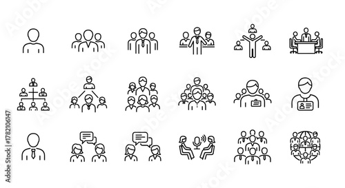 Diverse collection of line icons representing people, human figures, and groups in various professional and social contexts, including teams, meetings, organizations, communities, and discussions
