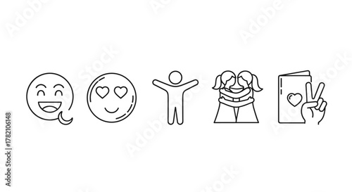 Set of outline icons representing kindness and positive emotions, including a smiling face with a crescent moon, a face with heart eyes, a person with open arms, two people hugging, and a thank you