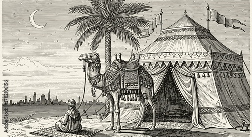 Vintage engraving depicting an evocative Eastern mystery scene under a crescent moon and starry sky, featuring a richly adorned camel, a traditional tent, and a solitary figure in prayer, with a