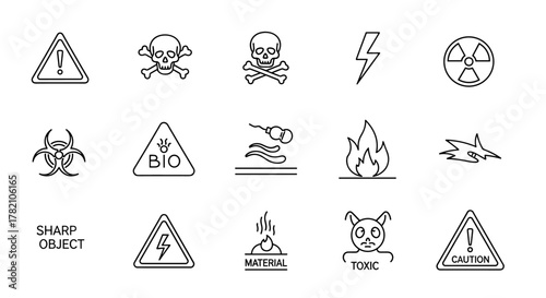 Collection of line art warning and danger symbols, including biohazard, skull and crossbones, radiation, fire, electricity, toxic, caution, and sharp object icons, representing safety and hazard