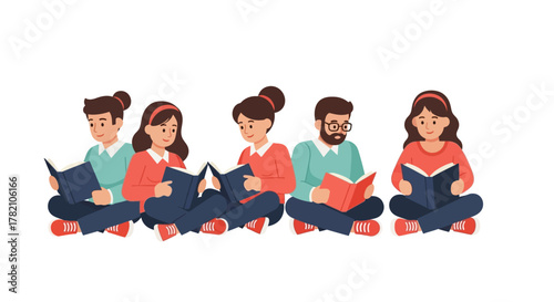 A diverse group of young men and women sitting cross-legged on the floor while reading books together