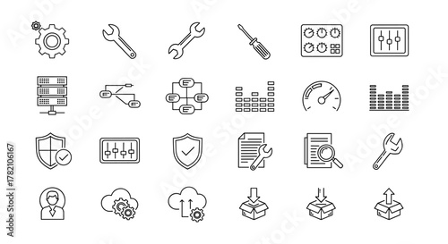 Comprehensive set of editable line icons for setup and configuration, featuring tools like gears, wrenches, screwdrivers, control panels, and optimization gauges, alongside data processing, security